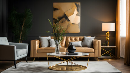 Wall Mural - home design with white furnishings and gold touches, a Stylish interior with white furniture and luxurious gold accents, and an Elegant white and gold-themed modern living room.