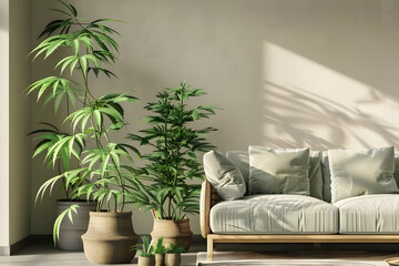 An interior designer incorporating cannabis plants into home decor, modern furniture around, isolated on a home style taupe background, showcasing indoor plant trends