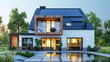 Modern sustainable house with solar panels during sunset