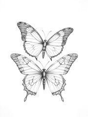 Butterflies on a white background. Sketch or ink drawing, tattoo, coloring book, clip art