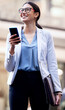 Businesswoman, smartphone and thinking with smile in city for chat, direction and waiting for transport. Corporate, career and female person as saleswoman with cellphone, message and tech to connect
