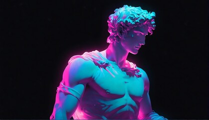 Wall Mural - teal neon light glowing god apollo greek statue on pla plain black background from Generative AI