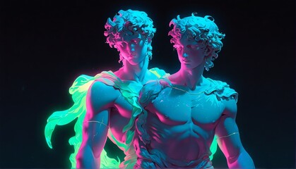 Wall Mural - teal neon light glowing god apollo greek statue on pla plain black background from Generative AI