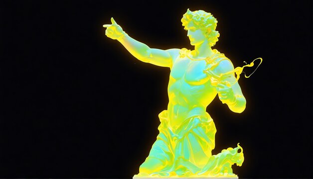 yellow neon light glowing god apollo greek statue on p plain black background from Generative AI