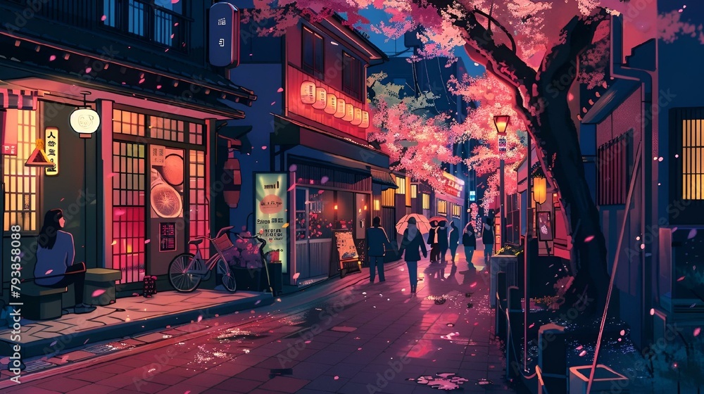 AI generated illustration of a vibrant city street scene at night with ...