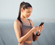 Outdoor, exercise and woman with smartphone, typing and social media with fitness, check progress and healthy. Athlete, happy person or runner with cellphone, digital app and network with wellness