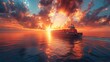 A large container ship sailing across the ocean at evening sunset with cargo ships for import and export logistics and world trade
