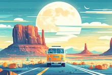 A Travel Poster Of The Desert, With An Orange Retro Bus Driving On Its Road And A Big Full Moon In The Sky