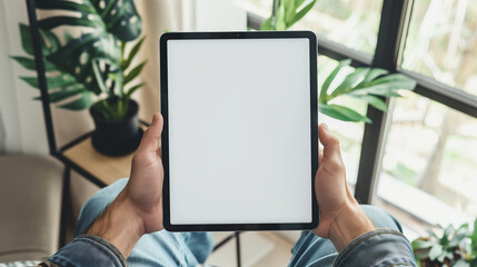 man holding black tablet iPad pro mockup vertical with white blank screen, sitting on chair at home office with flowers and greenery background