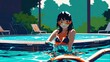 Summer pool vacation at sunny day. AI generated illustration in pop art style.