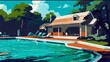Summer pool vacation at sunny day. Summer relaxing and enjoyment concept with free copy space for text. AI generated illustration in pop art style.