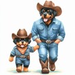 Rottweiler Dog Father and Son  .  Happy Father's Day  Watercolor Clip Art. Greeting Postcard Art Cute Cartoon Character Drawing Illustration. For Dad and kids