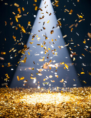 Wall Mural - Golden confetti rain on festive stage with light beam in the middle, empty room at night mockup
