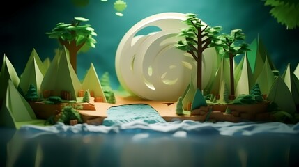 Wall Mural - Fantasy landscape with a pond, trees and flowers. 3d render