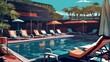 Summer pool vacation at sunny day. Summer relaxing and enjoyment concept with free copy space for text. AI generated illustration in pop art style.