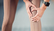 Woman, hands and knee injury with pain in fitness from accident, torn muscle or inflammation in outdoor exercise. Closeup of female person or runner with sore leg, ache or swollen joint from workout