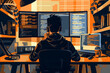 Illustration of a male programmer focused on coding at a multi-monitor workstation