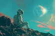 Lone astronaut sits on rocky terrain, gazing at a distant planet against a starry sky