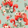 Cute green ponies with red manes among flowers