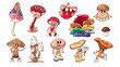 Groovy psychedelic mushrooms cartoon characters and stickers set. Funny retro colorful fungus family, poisonous surreal mushrooms. Cartoon mascots collection of 70s 80s style vector illustration