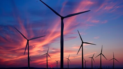 A serene scene of a wind farm at sunset, the turbines standing tall against the vibrant sky, capturing the elegance