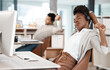 © peopleimages.com - Black woman, headset and tired at call centre or computer for telemarketing burnout, overtime or mental health. Female person, fatigue and arm stretching at desk, customer service or tech support