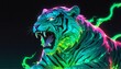 roaring tiger green neon light glowing statue on plain black background from Generative AI