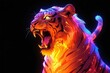 roaring tiger orange neon light glowing statue on plain black background from Generative AI