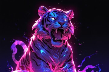 Wall Mural - roaring tiger purple neon light glowing statue on plain black background from Generative AI