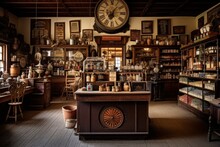 A Nostalgic Glimpse Into The Past: A Vintage General Store With Rustic Wooden Shelves Laden With Antique Goods And A Classic Cash Register