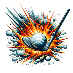 Wall Mural - vector style image, golf swing, iron club, golf ball exploding, fire, power, white background PNG