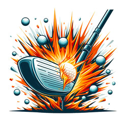 Wall Mural - vector style image, golf swing, iron club, golf ball exploding, fire, power, white background PNG