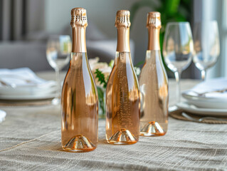 Three bottles of sparkling wine  on table