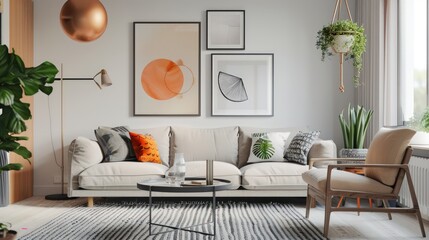 Comfortable living room, modern classic Scandinavian style house interior, with comfortable sofa couch chair, mock up decoration with poster frames on the wall.. Natural light from the window.