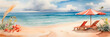 Panorama of a watercolor beach with an ocean. Sun lounger on the beach, sand. For printing on hotel advertising, banner, tourism.
