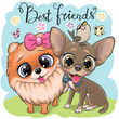 Cartoon Pomeranian with pink bow and chihuahua with bird