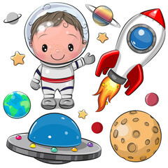Wall Mural - cartoon space set of astronaut, rocket and planets