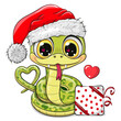 Cartoon Snake in Santa hat with Gift on a white background