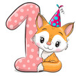 Cartoon Fox and number one isolated on a white background