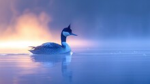 Amidst The Ethereal Glow Of Daybreak, A Serene Great Crested Grebe Glides Gracefully Across The Glassy Waters, Enveloped In The Soft Hues Of A Fading Fog.