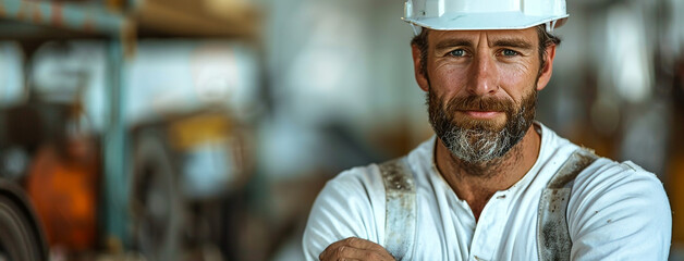 Wall Mural - A professional site engineer, handsome man wearing white color hard hat helmet and looking at the camera with cute smile