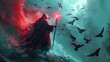 In a storm of red and teal, a shrouded figure with a staff conjures magic, surrounded by a flurry of birds in flight, Digital art style, illustration painting.
