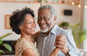 Beautiful senior couple in love dancing together in living room at home. Two pensioners enjoying happy life moments on retirement. Happy old mature man and woman having fun. 