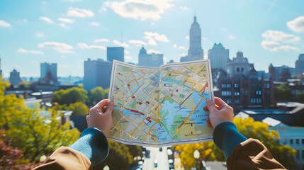 map in hands searching the right direction on the map.