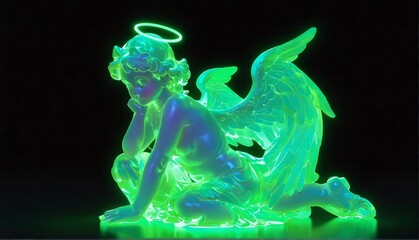 Wall Mural - green neon light glowing cherub angel statue on plain black background from Generative AI