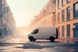 Side view of futuristic electric white van standing  on the empty street.