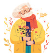 Old man with flower bouquet. Vector illustration