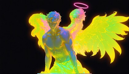 Wall Mural - yellow neon light glowing male angel statue on plain black background from Generative AI