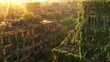 Nature, vines, abandoned building, greenery taking over a cityscape, post-apocalyptic setting, 3D render, golden hour lighting, lens flare effect , Birds-eye view