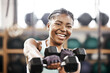 Portrait, dumbbell and black woman with fitness, training and exercise goals with wellness, cardio and strength. African person, athlete and girl with gym equipment, strong and healthy with workout